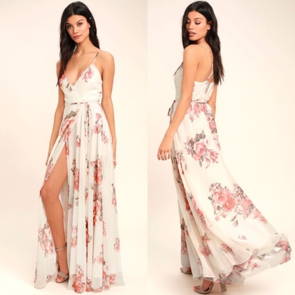Lulu’s Cream Floral Print Wrap Maxi Dress